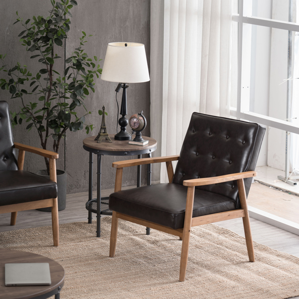 单人座 A款靠背拉点实木扶手 棕色PU 复古风 室内休闲椅 -41