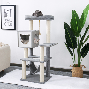 Multi-Level Cat Tree Modern Cat Activity Tower With Sisal Scratching Posts, Hammock And Extra-Large Top Perch 