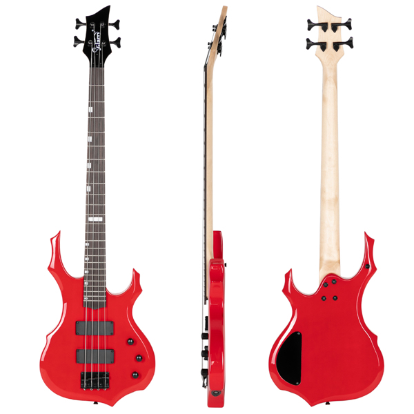 【Do Not Sell on Amazon】Full Size Glarry 4 String Burning Fire enclosed H-H Pickup Electric Bass Guitar with 20W Amplifier Bag Strap Connector Wrench Tool Red