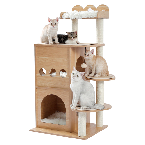 Modern Cat Tree Wooden Multi-Level Cat Tower Deeper Version Of Cat Sky Castle With 2 Cozy Condos, Luxury Perch And Interactive Dangling Balls Beige (Minimum Retail Price for US: USD 164.99) (Unable to
