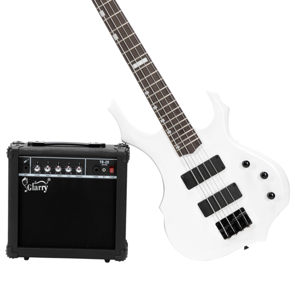 【Do Not Sell on Amazon】Full Size Glarry 4 String Burning Fire enclosed H-H Pickup Electric Bass Guitar with 20W Amplifier Bag Strap Connector Wrench Tool White