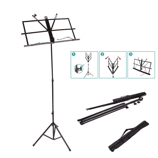 【Do Not Sell on Amazon】Glarry Handy Portable Adjustable Folding Music Stand with Bag Black
