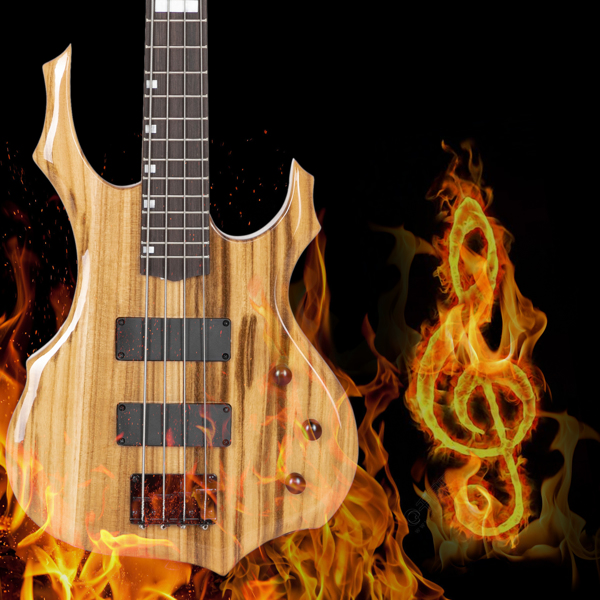 【Do Not Sell on Amazon】Full Size Glarry 4 String Burning Fire enclosed H-H Pickup Electric Bass Guitar with 20W Amplifier Bag Strap Connector Wrench Tool Burlywood