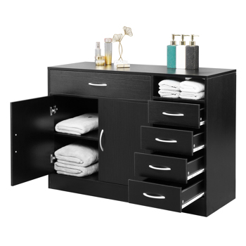 FCH MDF With Triamine Double Doors And Five Drawers Bathroom Cabinet  Black