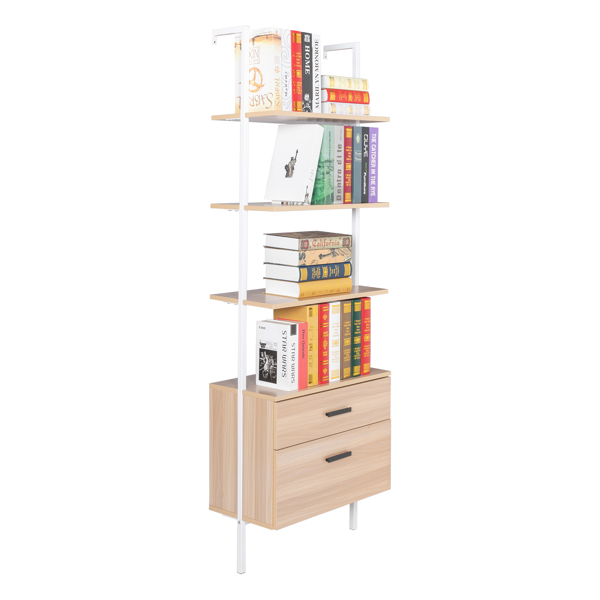 Industrial Bookshelf with Wood Drawers and Matte Steel Frame,Nutural/White