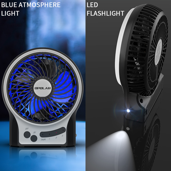 (ABC)Mini Portable Battery Operated Desk Fan with 3-13 Battery Life, Rechargeable & USB powered Handheld Fan for Desk Beach Camping, 3 Speeds, Strong Airflow, Internal Blue Light & Side Flash Light亚马逊