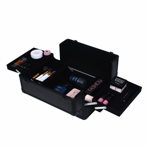 4-in-1 Draw-bar Style Interchangeable Aluminum Rolling Makeup Case All Black