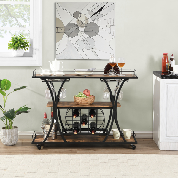 Industrial Black Bar Cart with Wine Rack and Glass Holder 