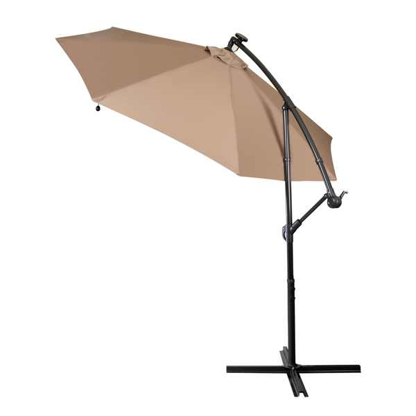 3M Garden Parasol with Solar-Powered LED Lights, Patio Umbrella with 8 Sturdy Ribs, Outdoor Sunshade Canopy with Crank and Tilt Mechanism UV Protection, Patio and Balcony Khaki