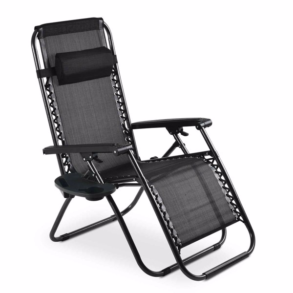 2 x Sun Lounger Garden Chairs with Cup Holder and Headrest Pillow Zero Gravity Chair Heavy Duty Textoline Chair Black