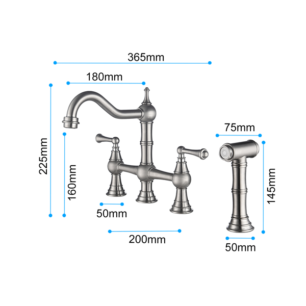 Kitchen sink faucet with pull-out side spray, modern and chic bridge shaped double handle rotary nozzle solid basin faucet