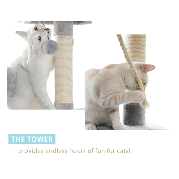 Cat Tree Tower 6 Levels Cat Condo House With Hammock, Double Condos, Sisal Covered Cat Scratching Posts And Ladder And Dangling Balls Grey