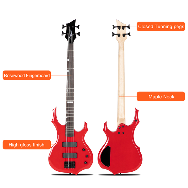 【Do Not Sell on Amazon】Full Size Glarry 4 String Burning Fire enclosed H-H Pickup Electric Bass Guitar with 20W Amplifier Bag Strap Connector Wrench Tool Red