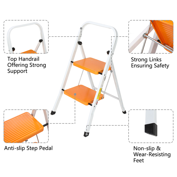 2 Step Ladder Folding Step Stool Steel Anti-Slip Sturdy Wide Pedal