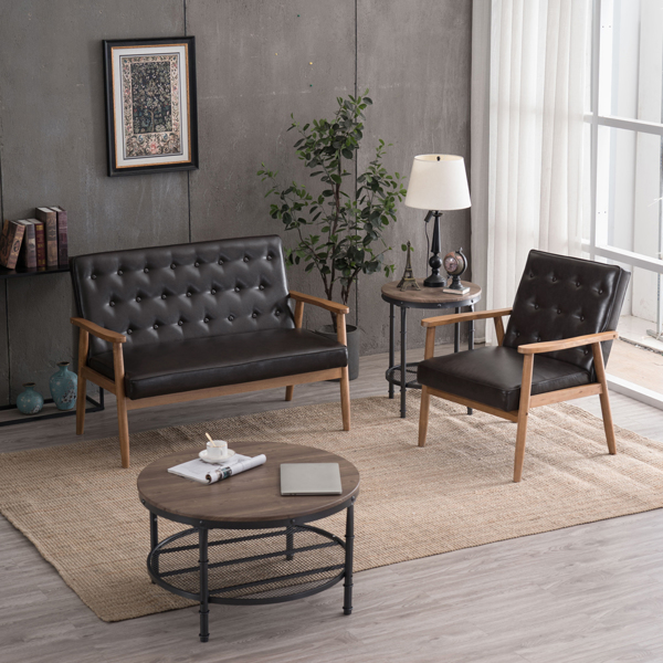 单人座 A款靠背拉点实木扶手 棕色PU 复古风 室内休闲椅 -40