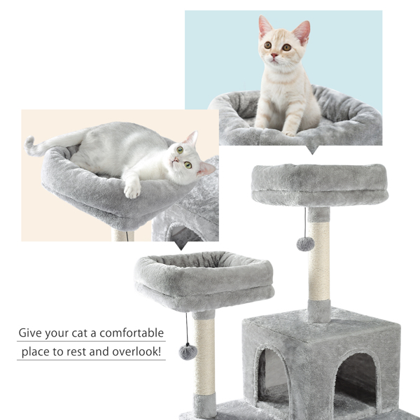 Cat Tree Tower 6 Levels Cat Condo House With Hammock, Double Condos, Sisal Covered Cat Scratching Posts And Ladder And Dangling Balls Grey