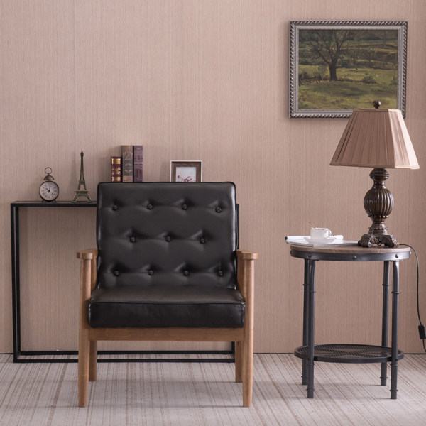 单人座 A款靠背拉点实木扶手 棕色PU 复古风 室内休闲椅 -25