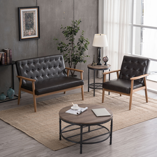 单人座 A款靠背拉点实木扶手 棕色PU 复古风 室内休闲椅 -42