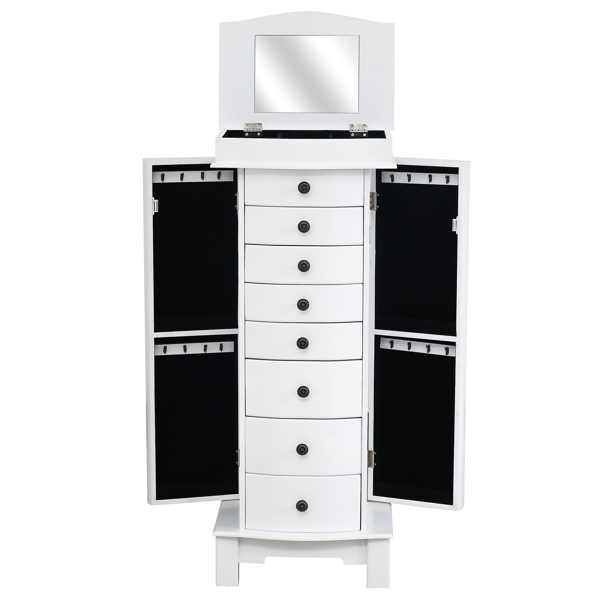 Jewelry Armoire with Mirror, 8 Drawers & 16 Necklace Hooks, 2 Side Swing Doors(White)