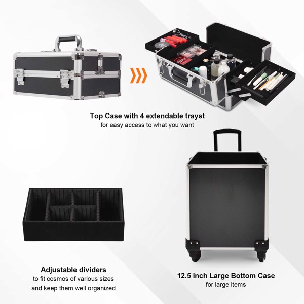 4 in 1 Rolling Makeup Case Makeup Trolley Case With Wheels Makeup Travel Case Organizer (BLACK)