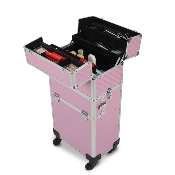 3 in 1 Aluminum Makeup Cosmetic Train Case Professional Makeup Case Rolling Train Case on Wheels Diamond Surface Pink