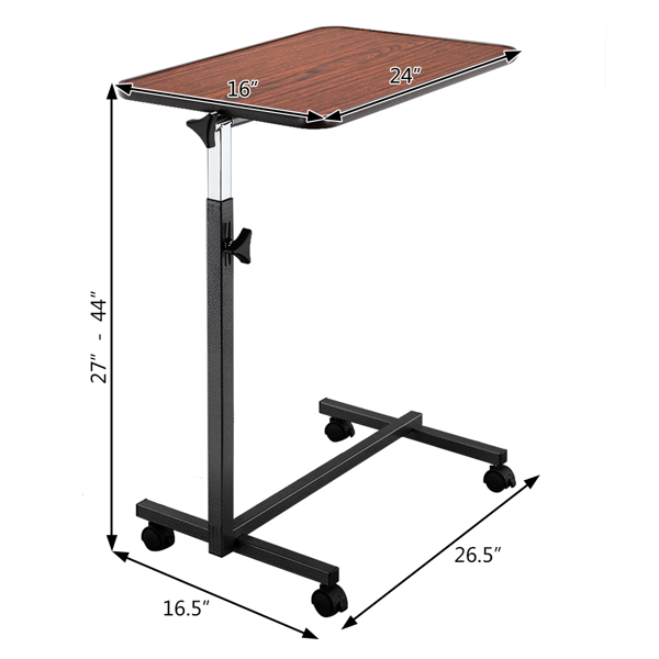 Multifunctional Adjustable Bedside Table MDF/Iron/4 Wheels With Brake, Dark Wood Grain Color
