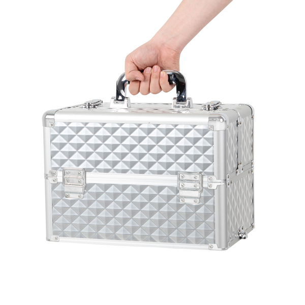 3 in 1 Aluminum Makeup Cosmetic Train Case Professional Makeup Case Rolling Train Case on Wheels Diamond Surface Silver