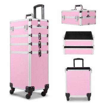 4 in 1 Rolling Makeup Case Makeup Trolley Case With Wheels Makeup Travel Case Organizer (PINK)