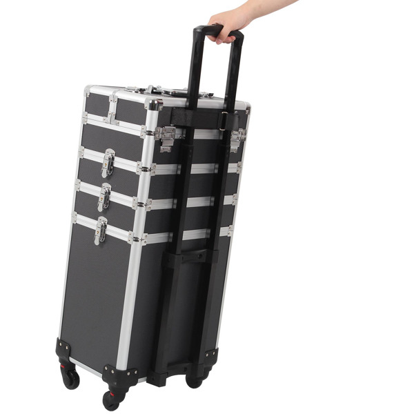 4 in 1 Rolling Makeup Case Makeup Trolley Case With Wheels Makeup Travel Case Organizer (BLACK)