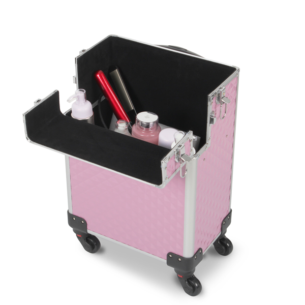 3 in 1 Aluminum Makeup Cosmetic Train Case Professional Makeup Case Rolling Train Case on Wheels Diamond Surface Pink