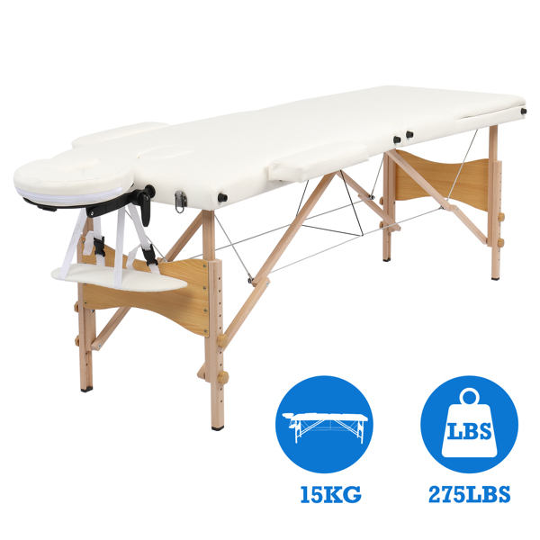 84" 3 Sections Folding Portable Beech Leg Beauty Massage Table 60CM Wide Adjustable Height White