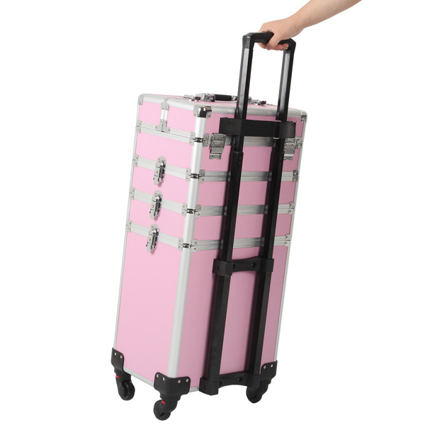 4 in 1 Rolling Makeup Case Makeup Trolley Case With Wheels Makeup Travel Case Organizer (PINK)