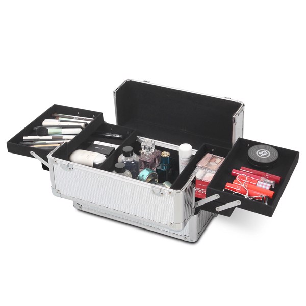 4 in 1 Rolling Makeup Case Makeup Trolley Case With Wheels Makeup Travel Case Organizer (SILVER)