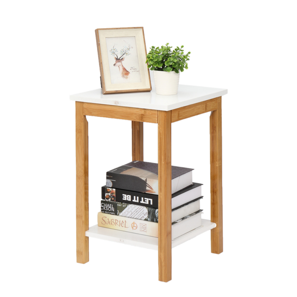 34*34*50cm Double Layer Bamboo Side Table Rectangular White Table Top Natural Wood Table Leg