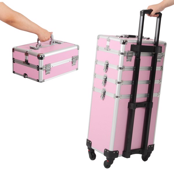 4 in 1 Rolling Makeup Case Makeup Trolley Case With Wheels Makeup Travel Case Organizer (PINK)