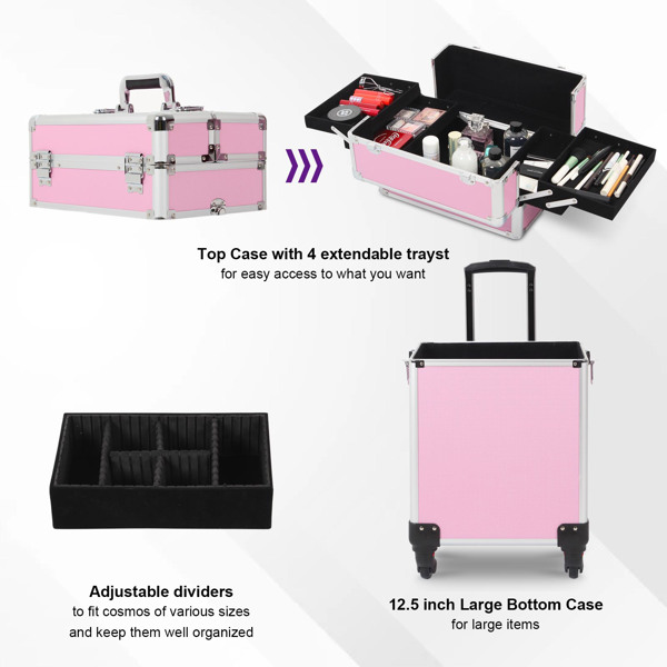 4 in 1 Rolling Makeup Case Makeup Trolley Case With Wheels Makeup Travel Case Organizer (PINK)