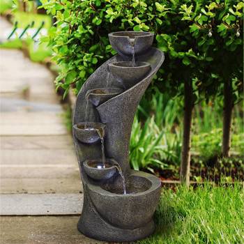 23.5inches Outdoor Water Fountain with LED Light - Modern Curved Indoor-Outdoor Waterfall Fountain 5-Tier Cascading Bowl Zen Fountain for Outdoor Space or Indoor Decor
