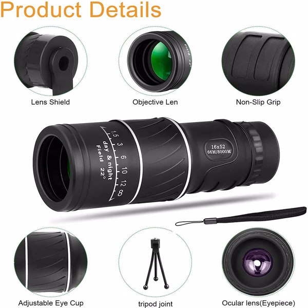 【Bans sale on Walmart】 16X52 Monocular Telescope, High Power Prism Compact Monoculars for Adults Kids HD Monocular Scope for Bird Watching Gifts Hiking Concert Travelling Sports Game with Phone Adapte