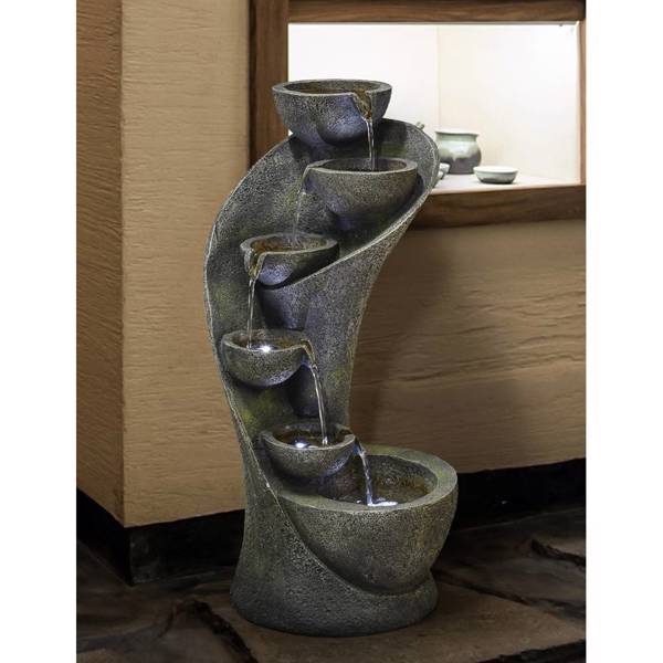 23.5inches Outdoor Water Fountain with LED Light - Modern Curved Indoor-Outdoor Waterfall Fountain 5-Tier Cascading Bowl Zen Fountain for Outdoor Space or Indoor Decor