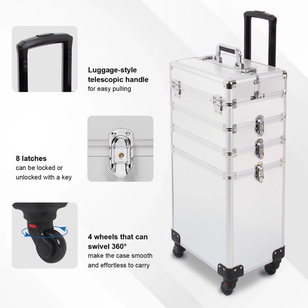 4 in 1 Rolling Makeup Case Makeup Trolley Case With Wheels Makeup Travel Case Organizer (SILVER)