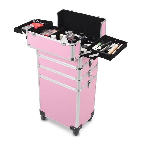 4 in 1 Rolling Makeup Case Makeup Trolley Case With Wheels Makeup Travel Case Organizer (PINK)