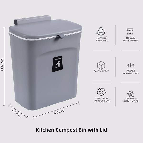 【Bans sale on Walmart】 2.4 Gallon Kitchen Compost Bin with Lid, Under Sink Trash Can Recycling Bins for Kitchen, Hanging Small Trash Can for Kitchen, Mountable Indoor Compost Bucket, Grey