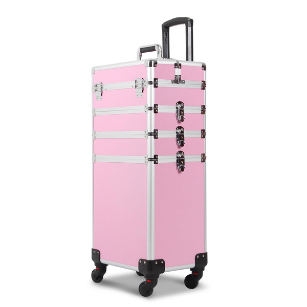 4 in 1 Rolling Makeup Case Makeup Trolley Case With Wheels Makeup Travel Case Organizer (PINK)