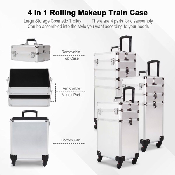 4 in 1 Rolling Makeup Case Makeup Trolley Case With Wheels Makeup Travel Case Organizer (SILVER)