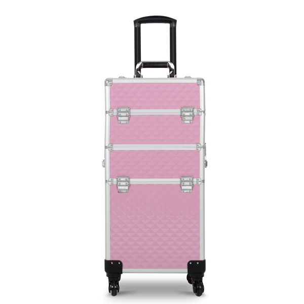 3 in 1 Aluminum Makeup Cosmetic Train Case Professional Makeup Case Rolling Train Case on Wheels Diamond Surface Pink