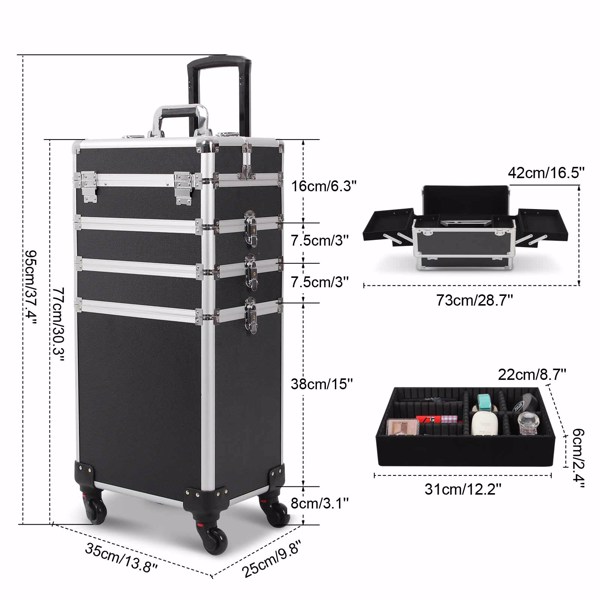 4 in 1 Rolling Makeup Case Makeup Trolley Case With Wheels Makeup Travel Case Organizer (BLACK)