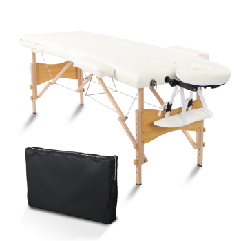 84\\" 3 Sections Folding Portable Beech Leg Beauty Massage Table 60CM Wide Adjustable Height White