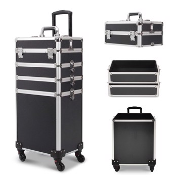 4 in 1 Rolling Makeup Case Makeup Trolley Case With Wheels Makeup Travel Case Organizer (BLACK)