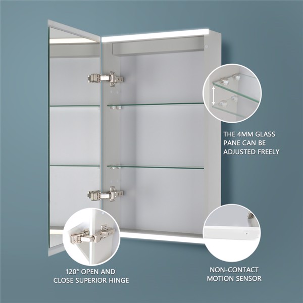 (This item can not be sold on Amazon)20'' x 26" LED Lighted Bathroom Mirror Cabinet with 3-Layer Storage Shelves, Non-contact Motion Sensor, Surface Mounting Only (Door Left Open)