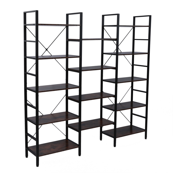  Triple Wide 5-Shelf Bookcase, Etagere Large Open Bookshelf Vintage Industrial Style Shelves Wood and Metal bookcases Furniture for Home & Office (Retro Brown) 